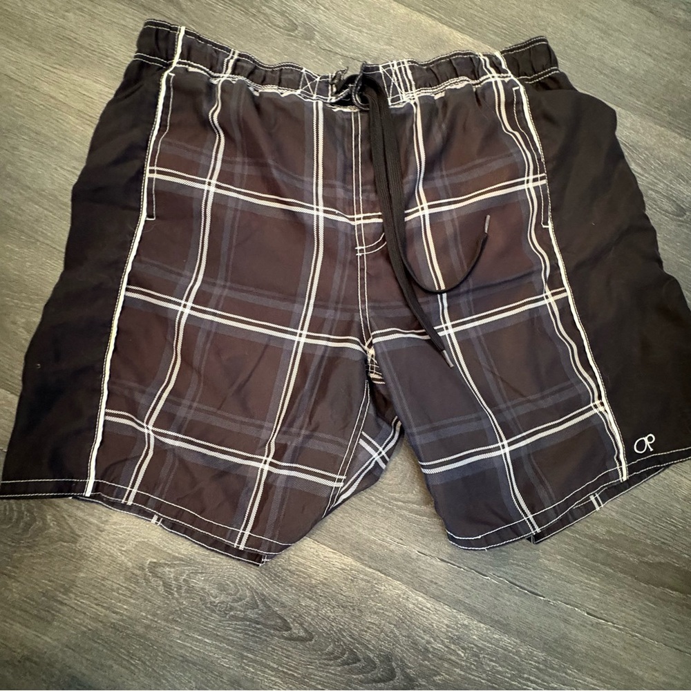 OP Men's Black and White Plaid Board Shorts